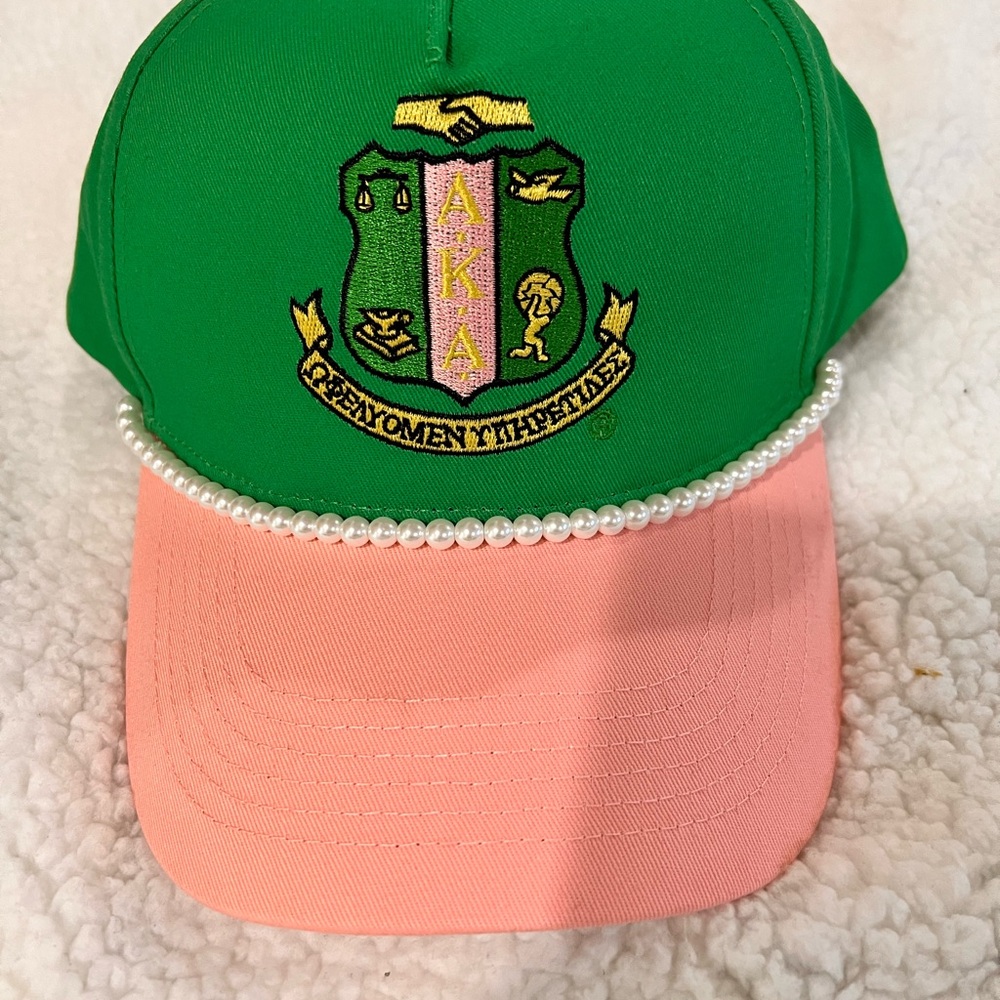 AKA Sorority Green and Pink Women's Cap with Pearl Accent